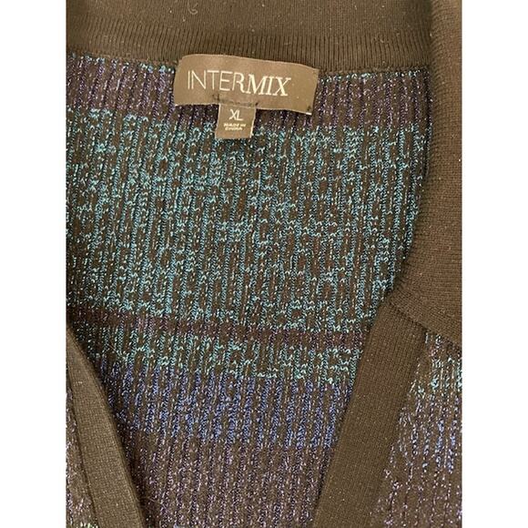 Intermix Sienna Ribbed Metallic Blue Green Striped Lurex Cardigan Collar Stretch - Picture 10 of 14